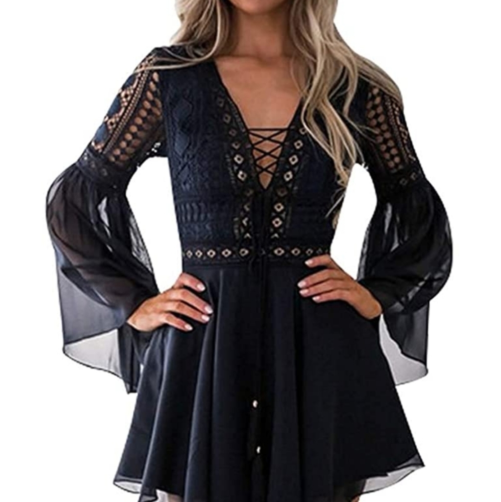 Lace Boho Crochet High Waisted Ruffle  Dress